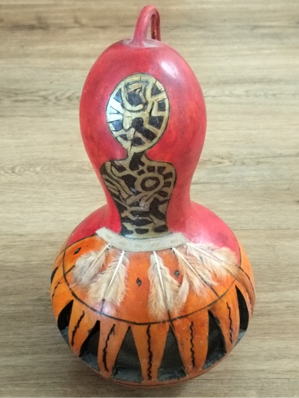 Handcrafted Gourd Art Figurine Stylized Goddess Carved Painted Feathers Signed